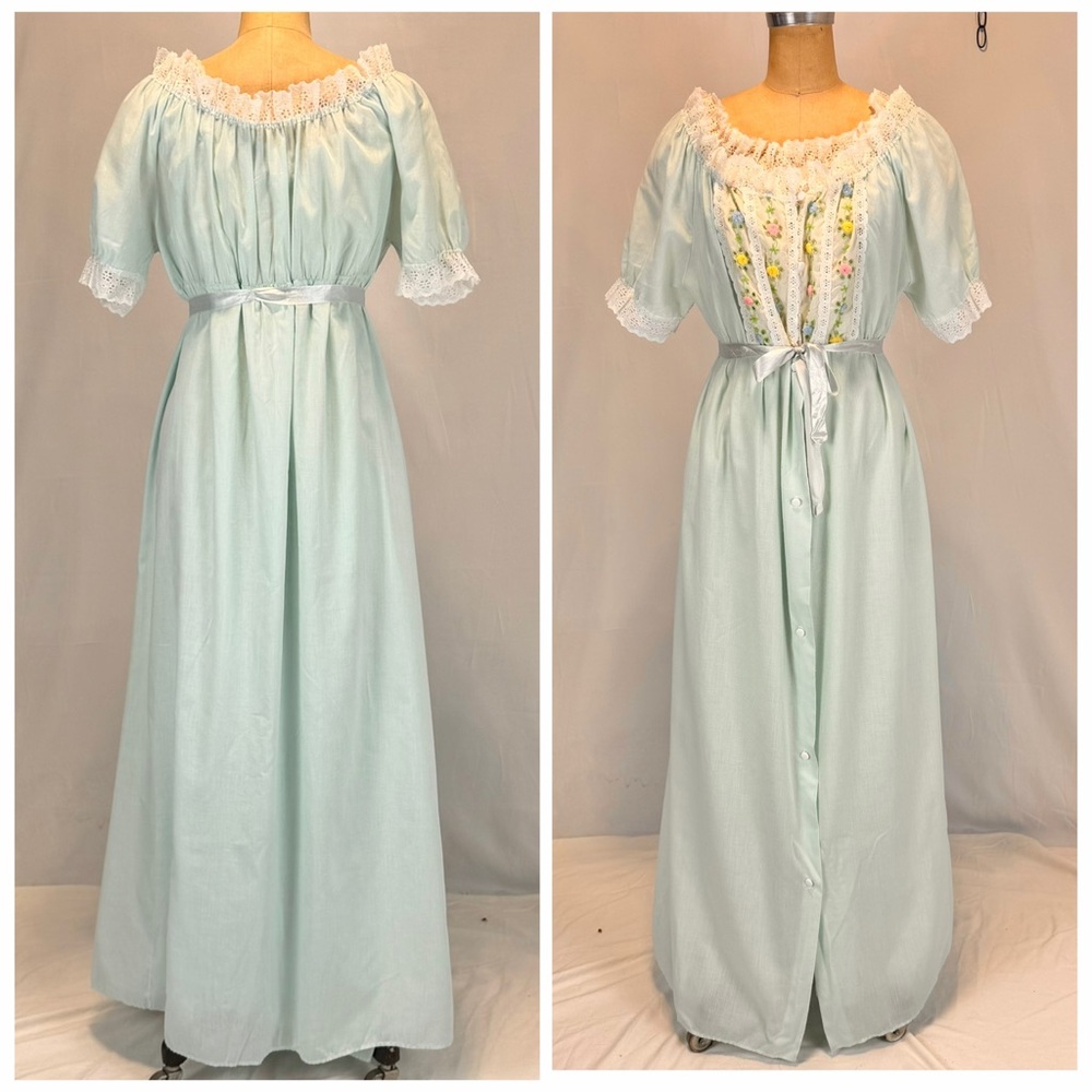 VINTAGE 60s cottage prairie floral embroidered nightgown robe housecoat set lace - Picture 3 of 17